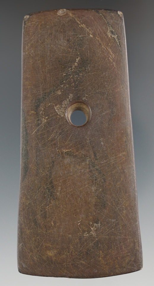 4 1/8" Adena Bell Pendant made from red and black Mottled Slate, found in Miami Co., Ohio.