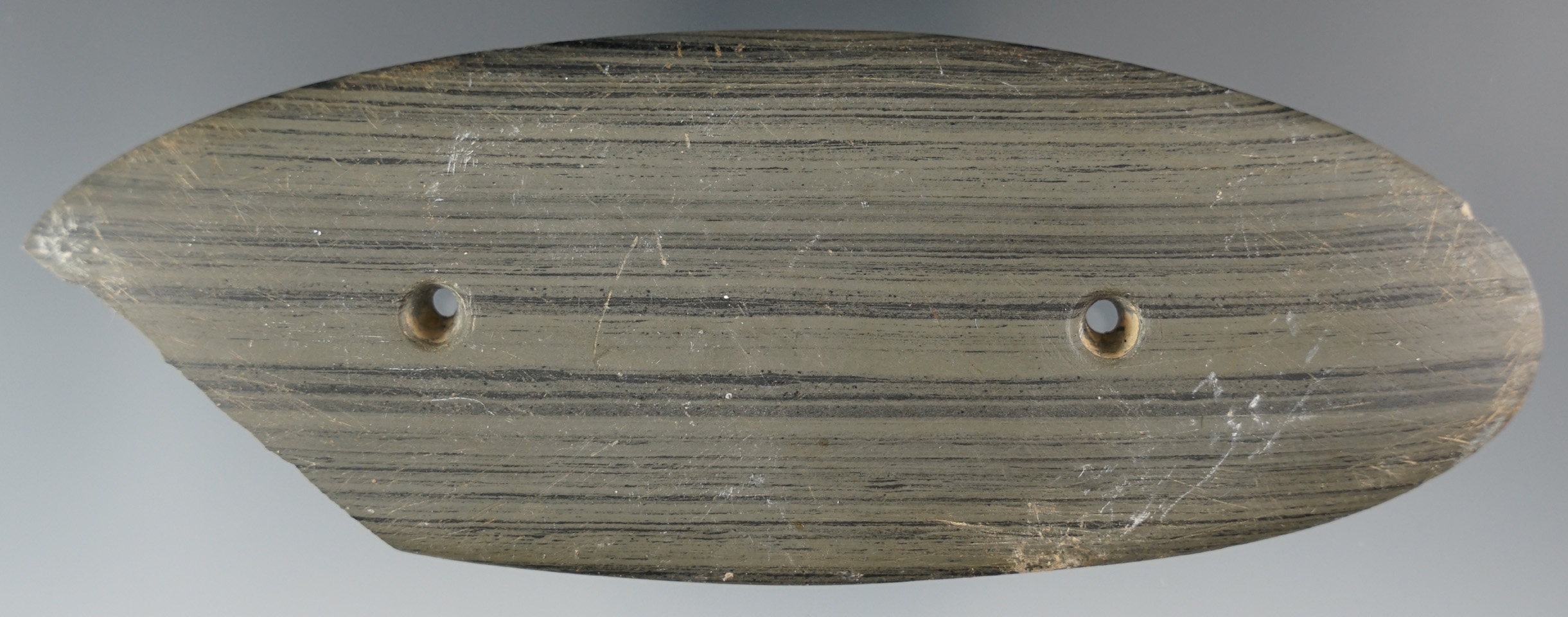 5 9/16" beautiful Glacial Slate Gorget found in Ohio with damage to one end that is easily restorabl