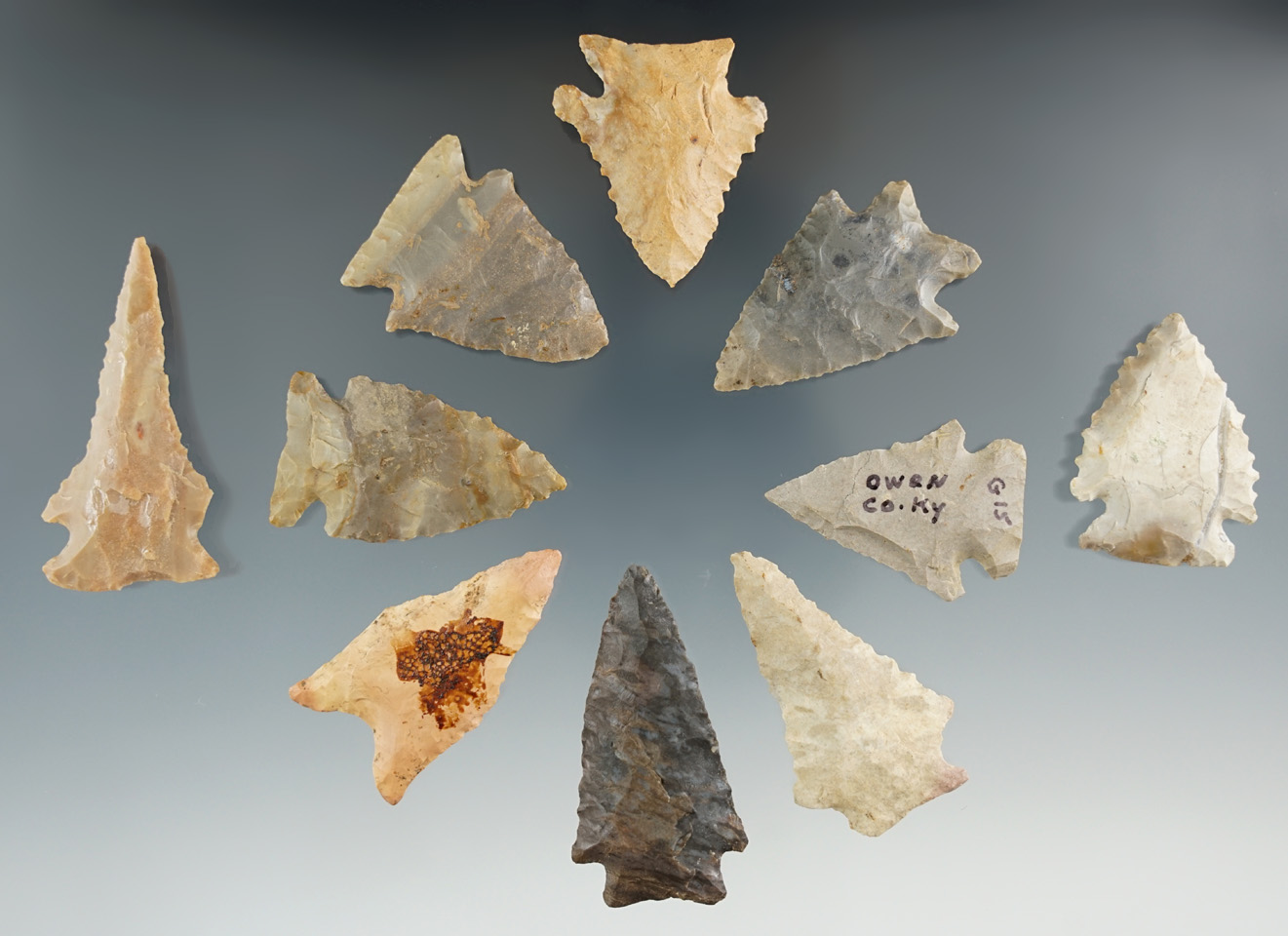 Group of 10 assorted points found in Kentucky and Tennessee. Largest is 1 7/8". Ex. Henry English