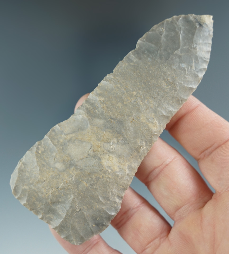 Exceptional flaking and style on this thin 4" Paleo Knife found in Hardin Co., Tennessee.