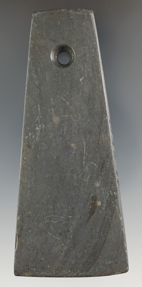 4" Adena Bell Pendant made from Banded Slate, found in Seneca Co., Ohio.