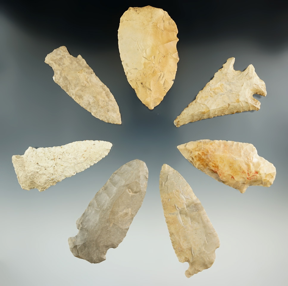 Set of seven blades and knives found in Indiana, largest is 3 1/8".