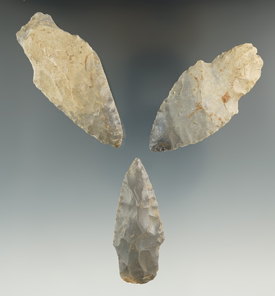 Set of three Adena Points found in Indiana, largest is 2 13/16".