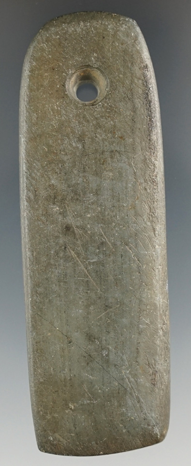 3 5/16" Adena Trapezoidal Pendant made from Banded Slate, found in Ohio.