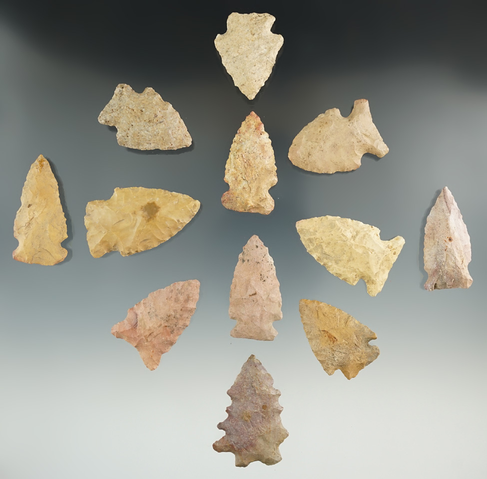 Set of 12 assorted Indiana Arrowheads, largest is 1 3/4".