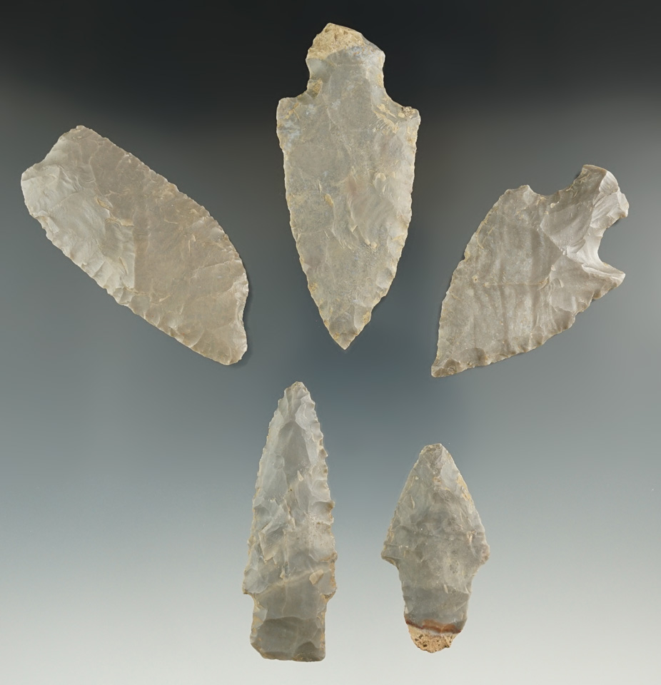 Group of five assorted flaked points and knives found in Indiana, largest is 2 7/8".