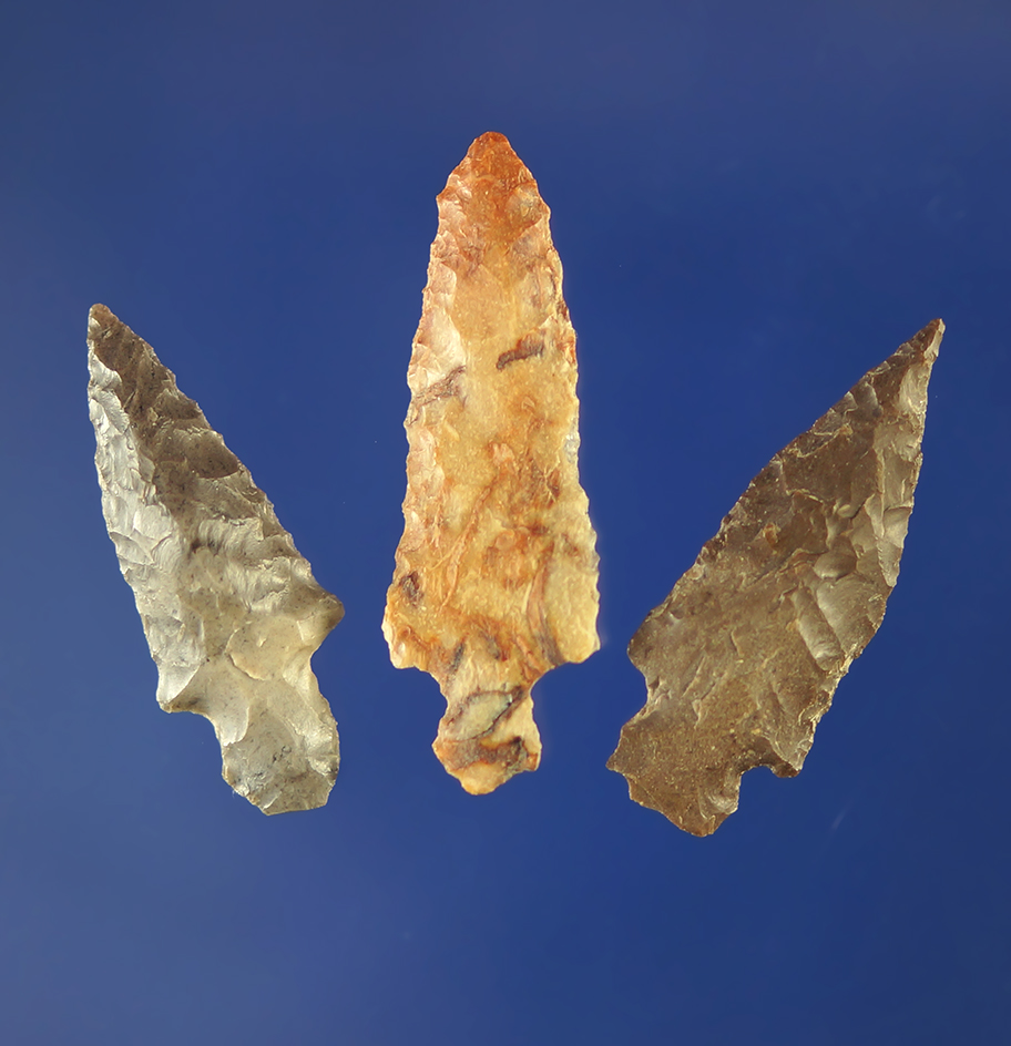 Set of three nice stemmed arrowheads, largest is 1 1/8".    Columbia River.