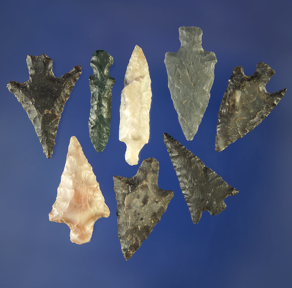 Set of eight assorted arrowheads, largest is 15/16".    Columbia River.