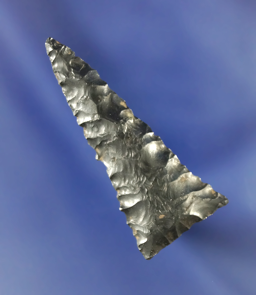 Excellent flaking on this 1 13/16" obsidian Triangular Point found in Klamath Falls, Oregon.