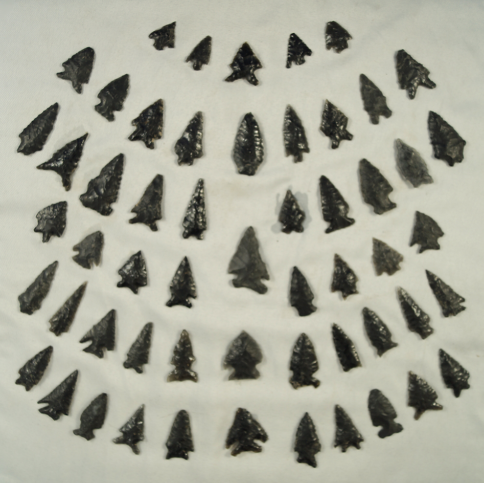 Group of assorted arrowheads found in Fort Rock Oregon, Most are obsidian. Largest is 1 5/8".