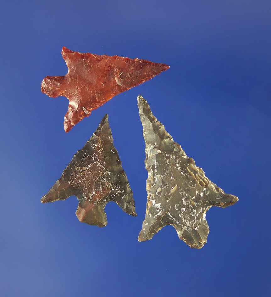 Set of three Columbia Plateau arrowheads, largest is 1 1/16".    Columbia River.