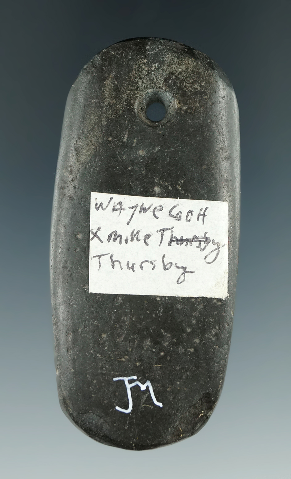 2 13/16" Slate Pendant found in Wayne Co., Ohio. Ex. Mike Thursby.