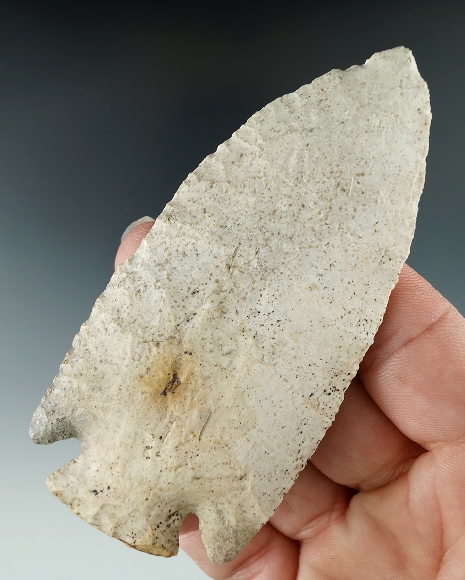 3 5/8" Well styled Pulaski point found in Mercer Co., Illinois with restoration to the ends of ears.