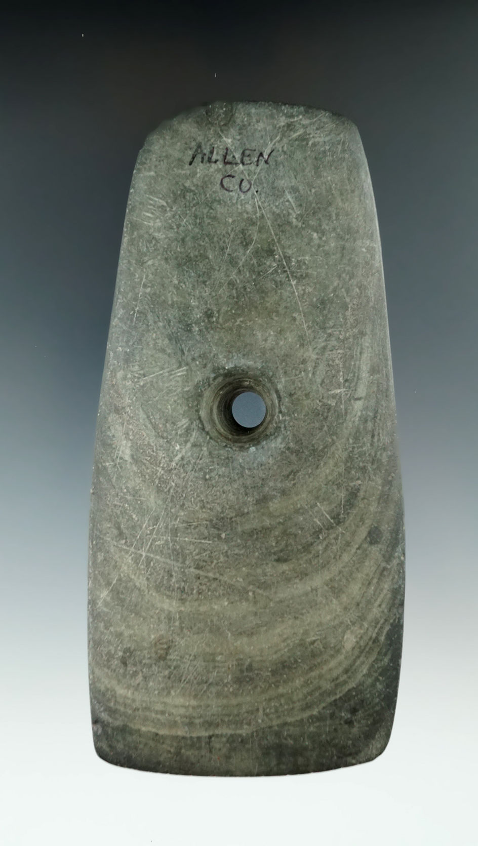 4 7/8" Adena Trapezoidal Pendant made from Banded Slate, found in Allen Co., Ohio.