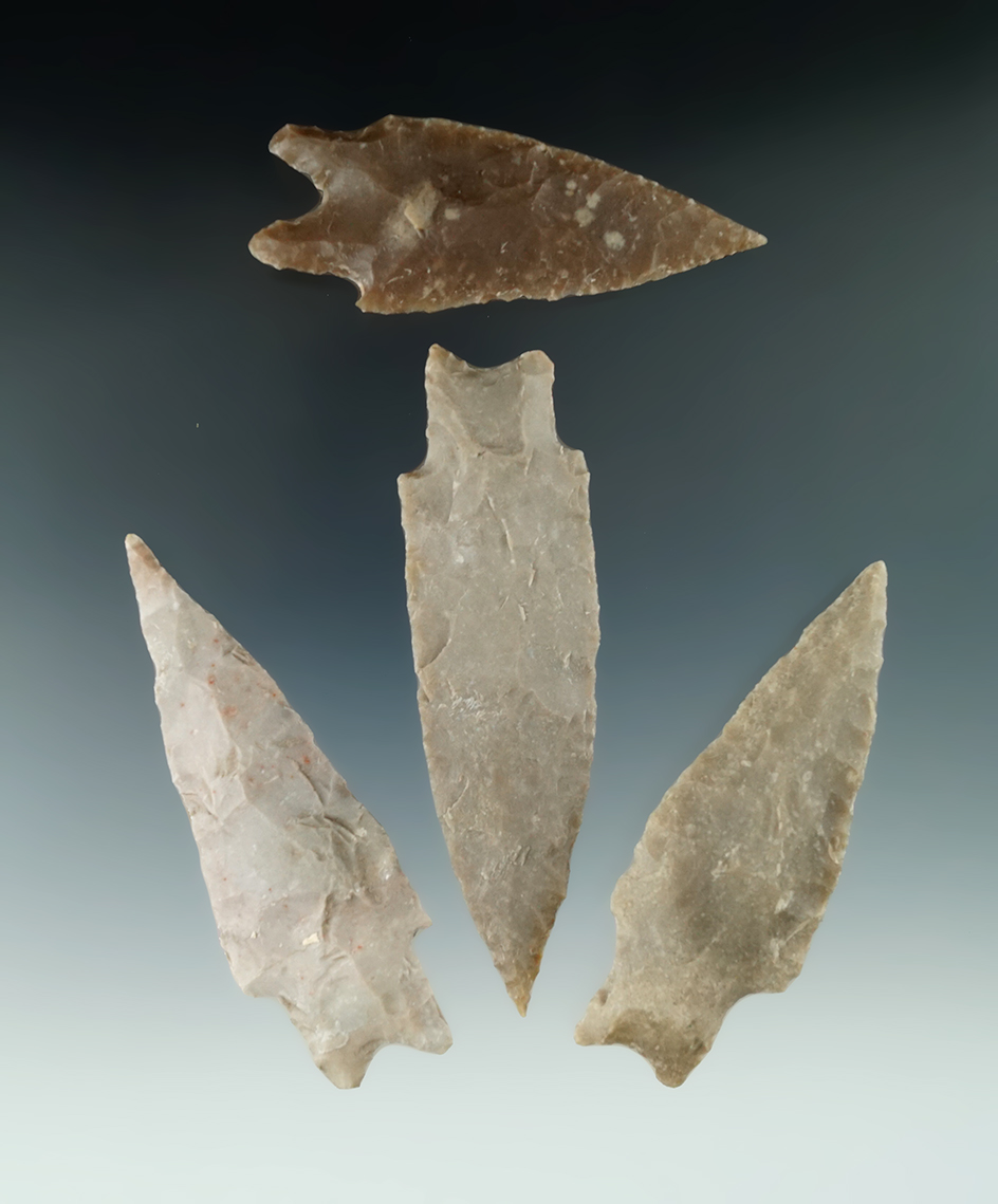 Set of four Pedernales points found in Texas, largest is 3 3/4".