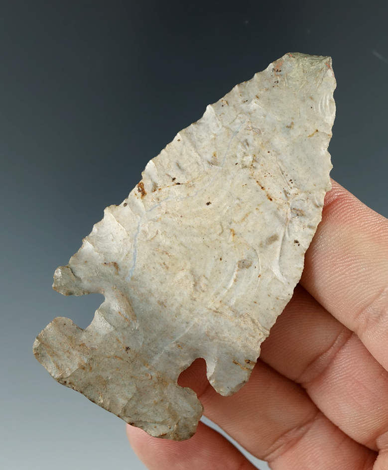 2 3/4" Archaic Thebes E-Notch Bevel found in Indiana made from beautiful Indiana Green flint.
