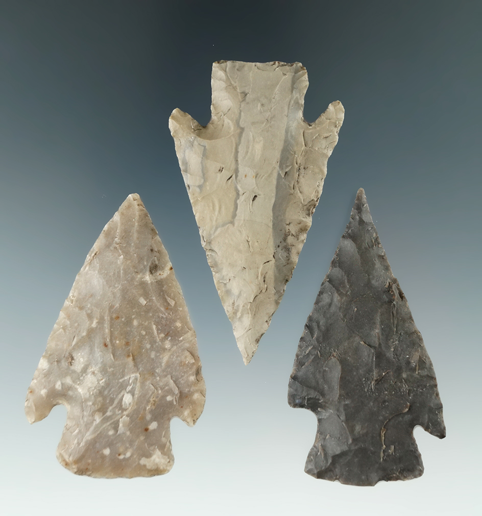 Set of three nice Texas arrowheads in excellent condition, largest is 2 1/2".