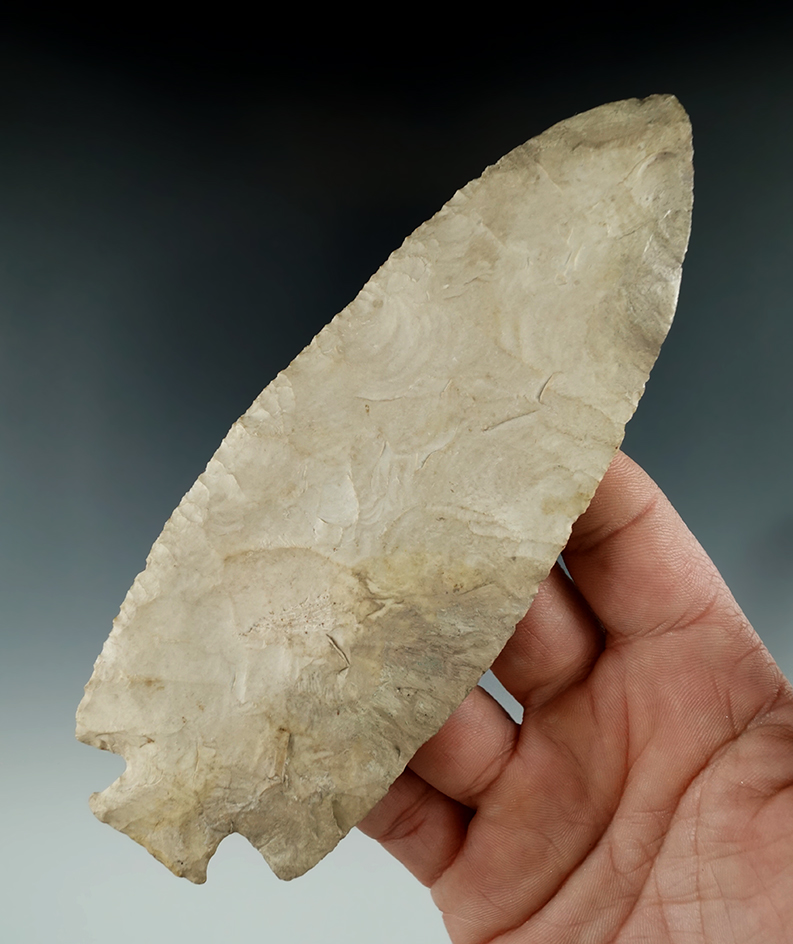 Large 5 5/8" Stemmed Knife with restoration to the tip and lower part of one Blade edge - Illinois.