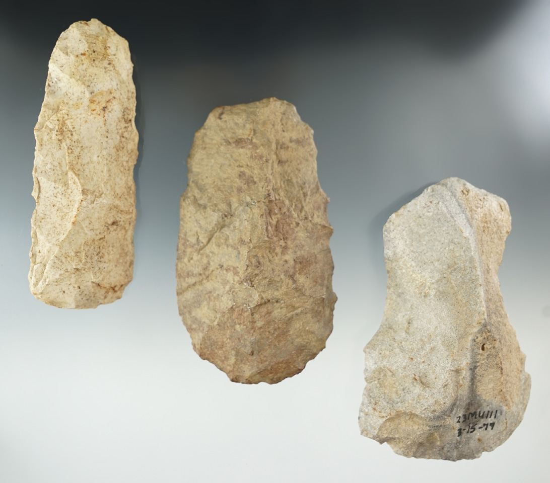 Set of three Flint Celts found in the Midwest, largest is 4 1/4".