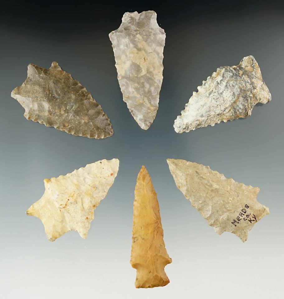 Set of six assorted Kentucky points in very nice condition, largest is 2 1/4".