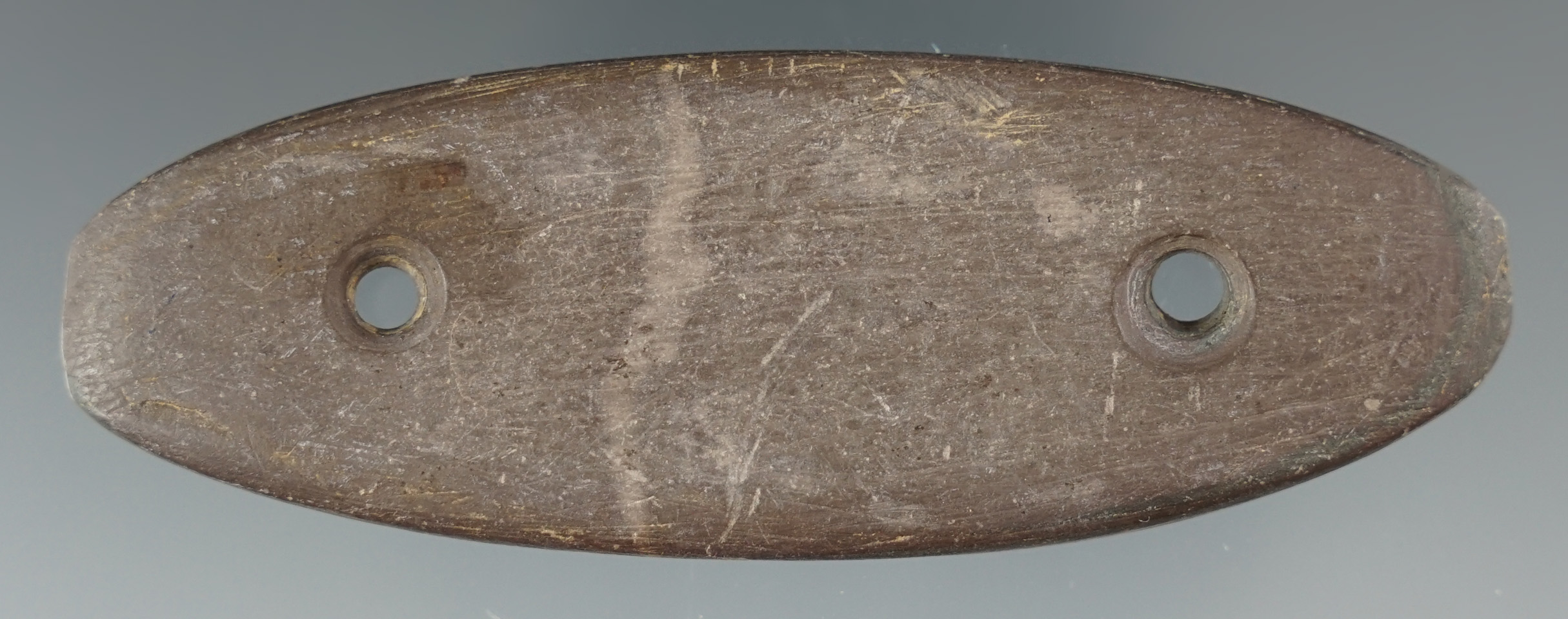 3 1/4" Glacial Kame Gorget made from red Slate, found in Ross Co., Ohio. Pictured!