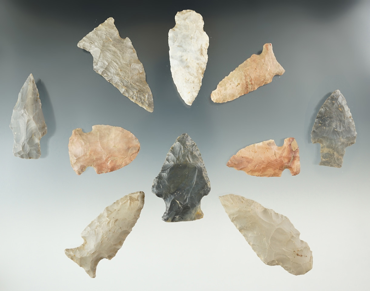 Set of 10 assorted arrowheads found in Indiana - largest is 2 5/8".