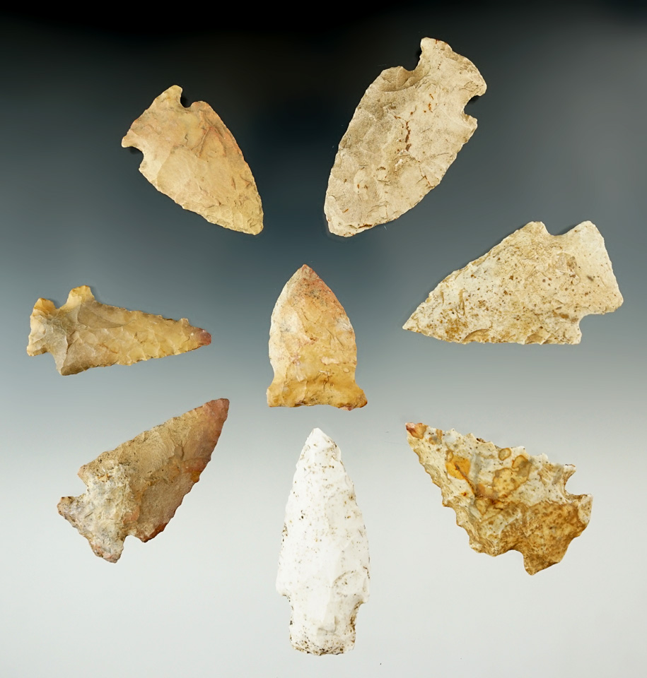 Set of eight assorted Indiana points and knives, largest is 2 1/4".