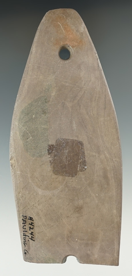 5 3/8" brown slate Glacial Kame Gorget that is broken at one hole. Paulding County OH