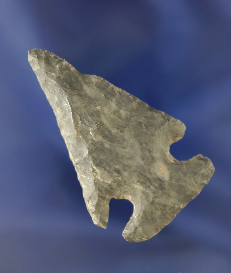 2 1/8" heavily patinated Coshocton Flint Archaic Bevel found in Ohio.
