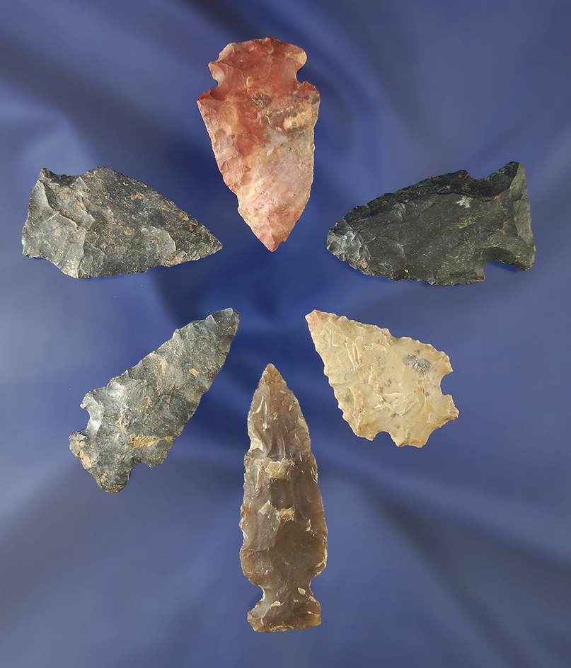 Set of six assorted Ohio arrowheads, largest is 2 1/4".