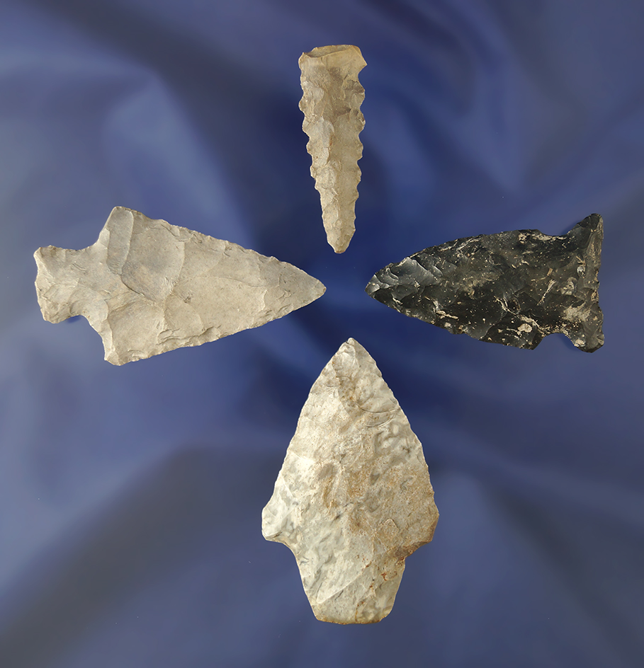 Set of four assorted Ohio arrowheads, including a 2 1/8" Ashtabula point.