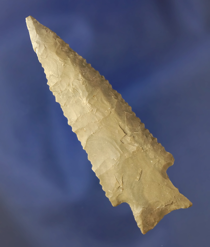 Excellent serrations in style on this 3 1/16" Midwestern Stemmed Dart Point..