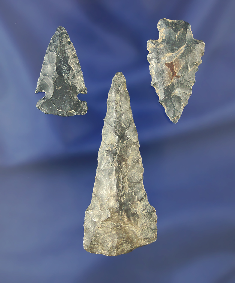 Set of three Coshocton Flint artifacts found in Ohio. Largest is 2 9/16".