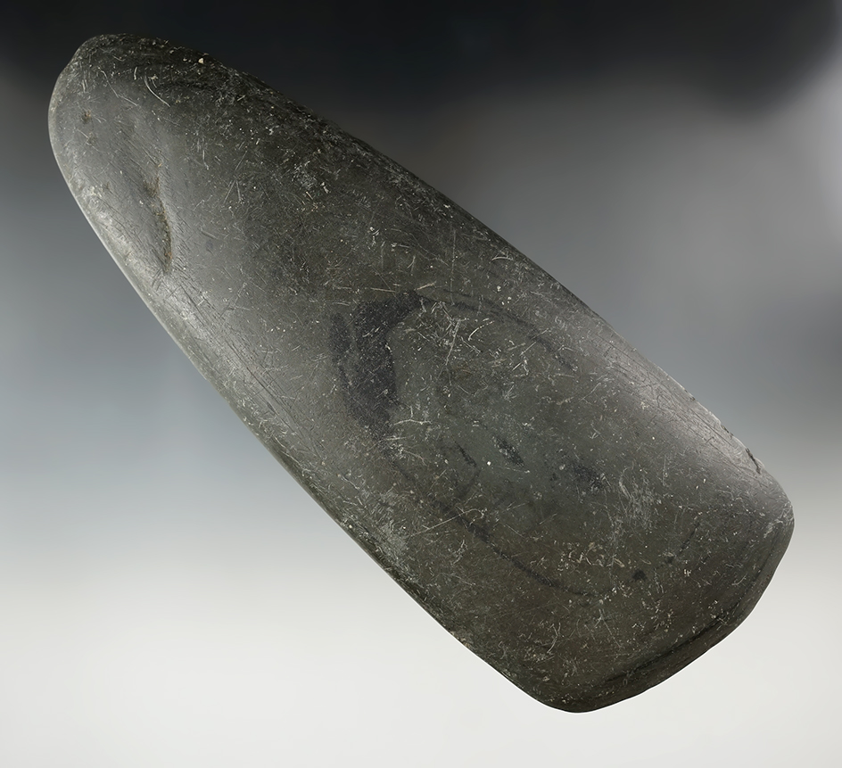 Large 7 7/8" Well styled and nicely polished Slate Celt found in Clark Co., Ohio.