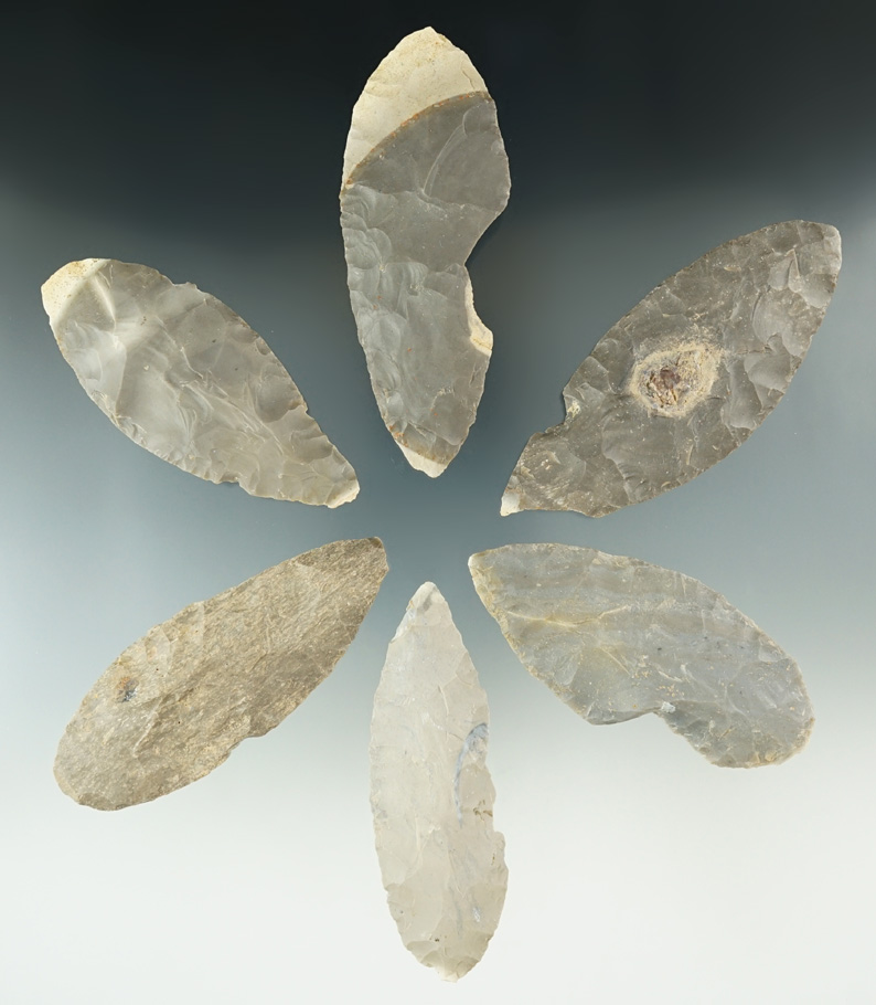 Set of six Hornstone Cache Blades, largest is 4 1/8".  From the Lyons Cache - Greene Co., Indiana.