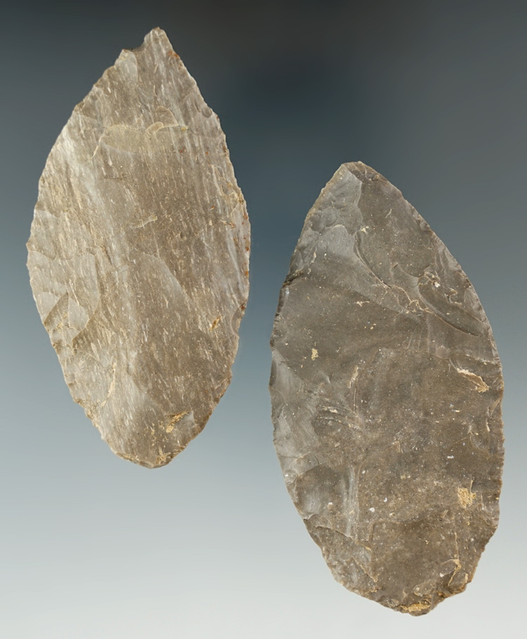 Pair of Hornstone Cache Blades in nice condition, largest is 3 5/16".  From the Lyons Cache