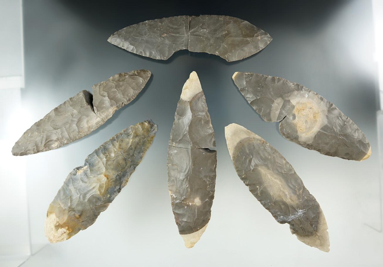 Set of six Cache Blades, all have some degree of damage. Largest is 5 1/2" Lyons Cache.