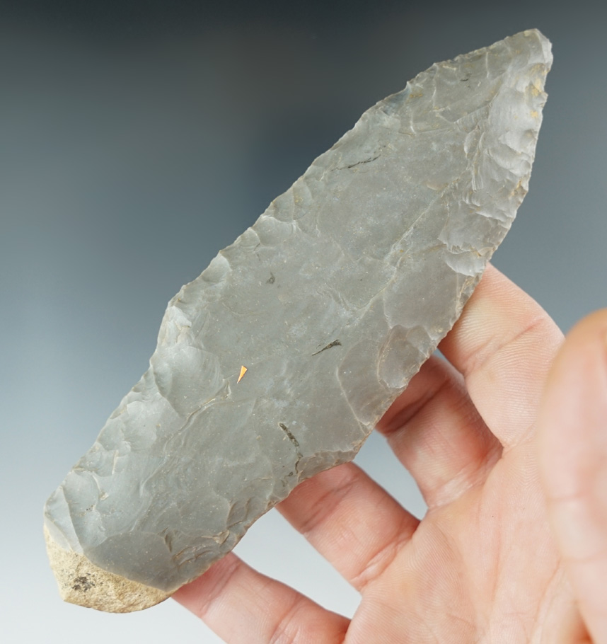 Large 5 5/16" Hornstone Adena Knife with nicely ground stem found in Jay Co., Indiana.