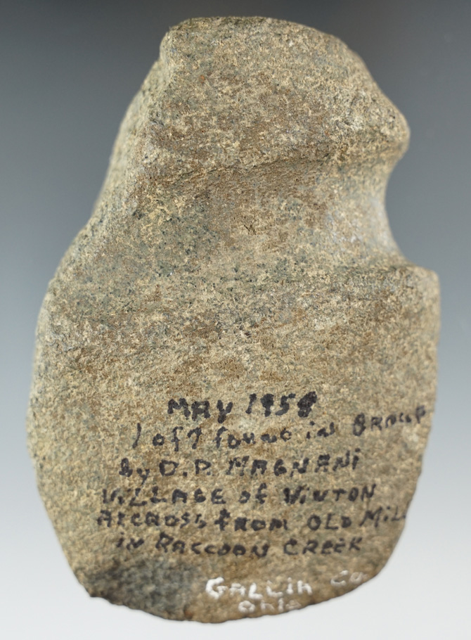 4 1/8" Long  3/4 Grooved Axe found in May 1958 in Gallia Co., Ohio.