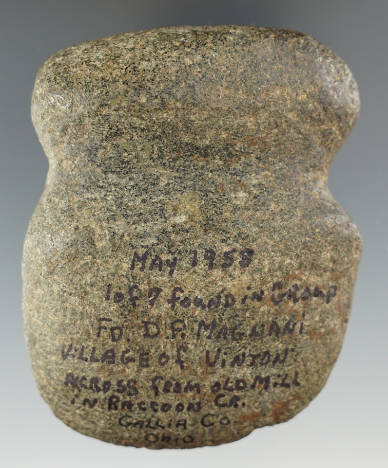 3 1/16" Full Grooved Axe found in May 1958 by Don Magnani in Gallia Co., Ohio.