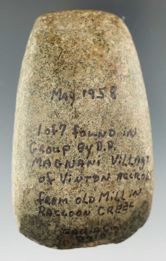 3 1/4" Hardstone Celt that is nicely polished. Found in Gallia Co., Ohio by Don Magnani.