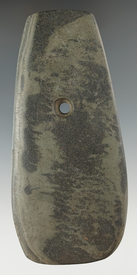 4 7/8" Beautifully mottled Slate Trapezoidal Pendant. Found in Huron Co., Ohio. Ex. Sarge Smith.