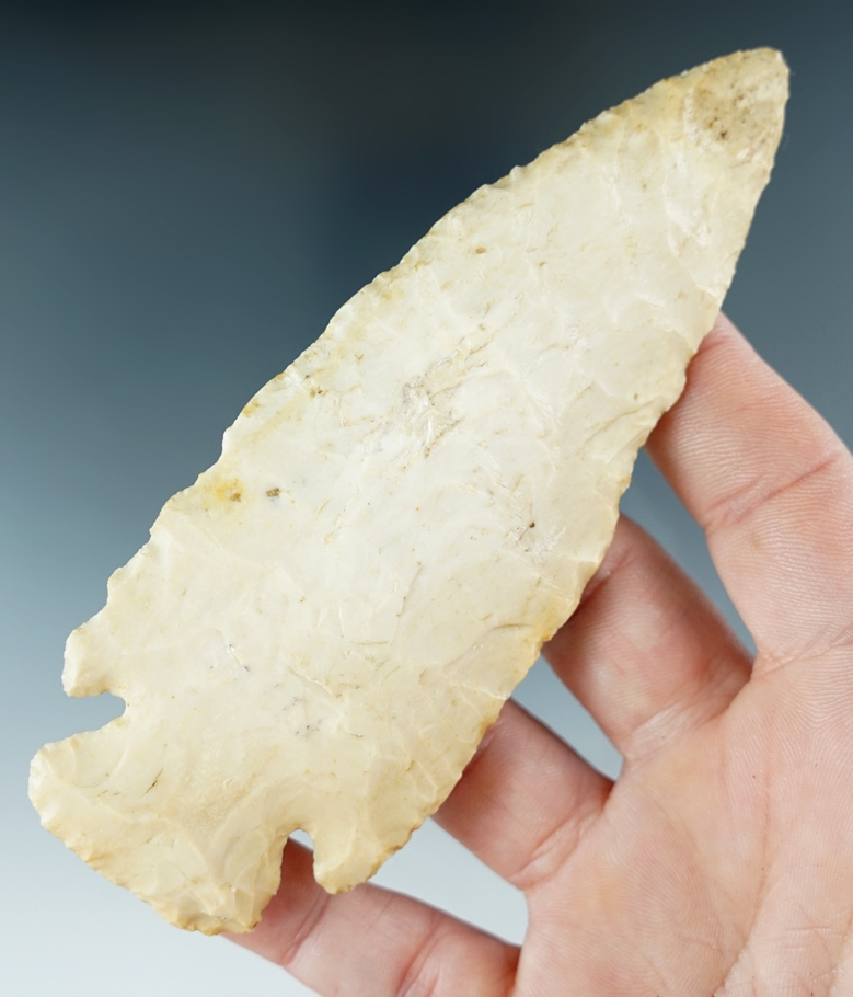 4 3/4" Large old honey colored Burlington Cornernotch. Found in Illinois.