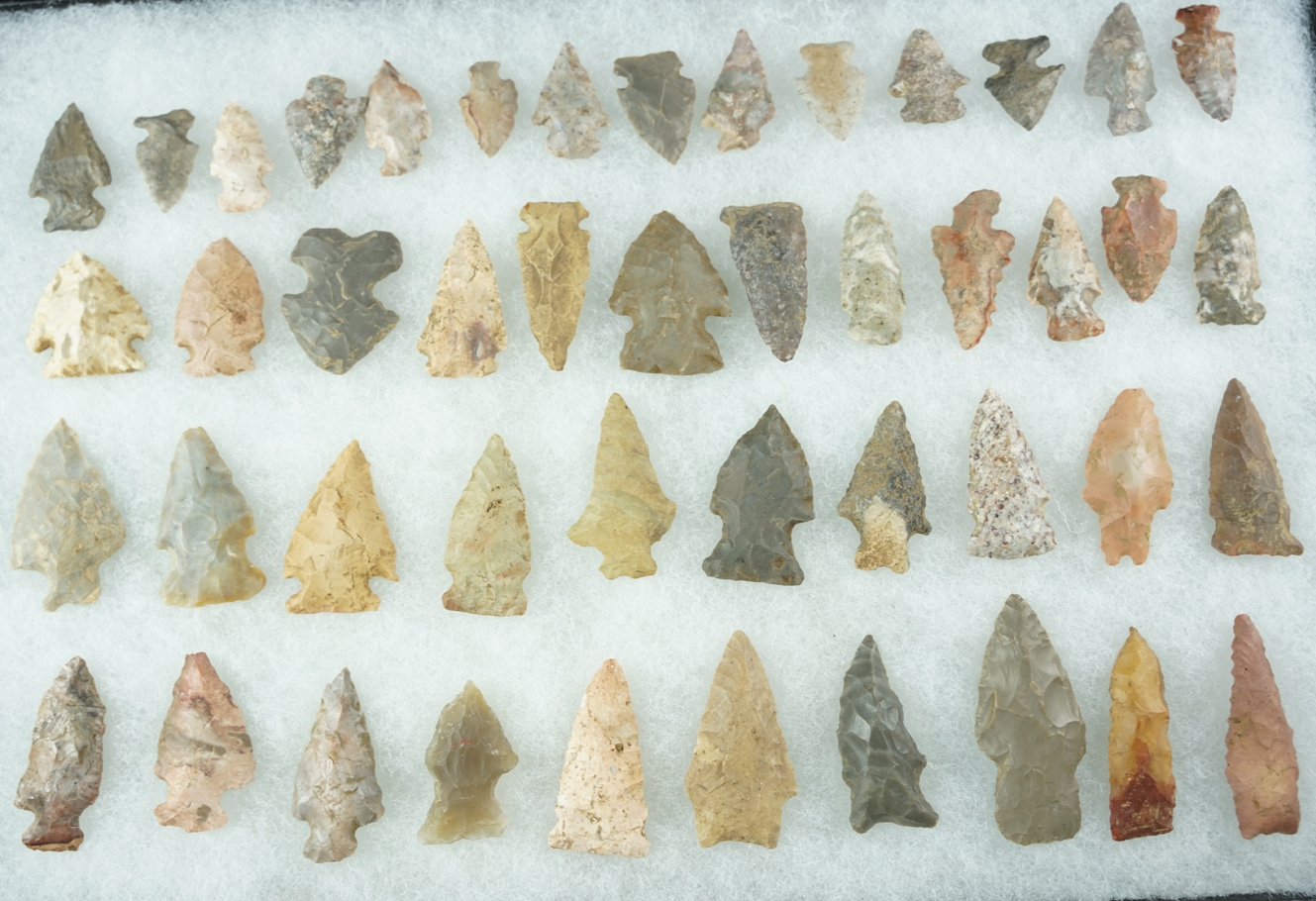 Large group of 46 assorted arrowheads found in Indiana, largest is 2 1/16".