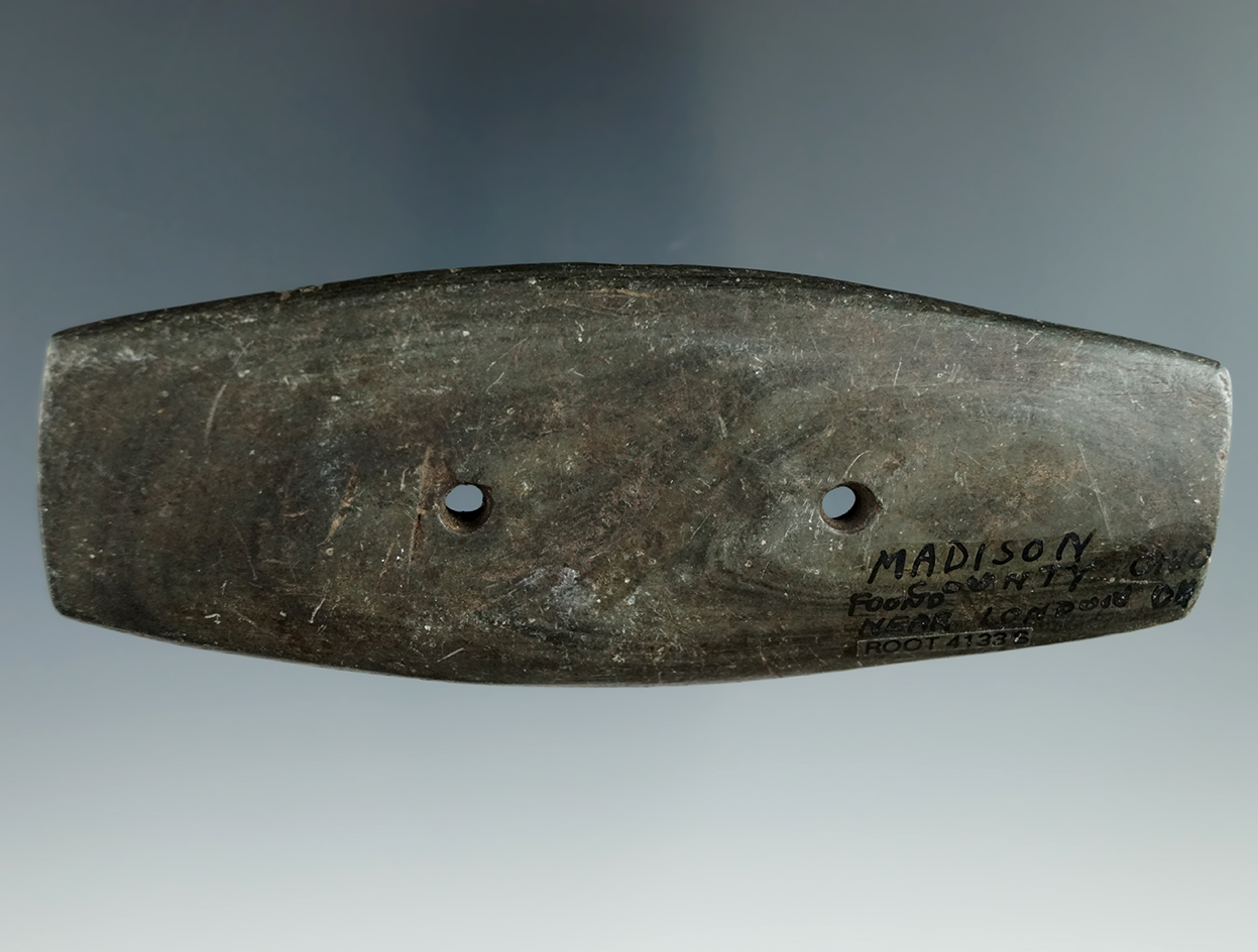 4 7/16" Hopewell Expanded Center Gorget found in Union Twp., Madison Co., Ohio. Ex. Jim Hovan.