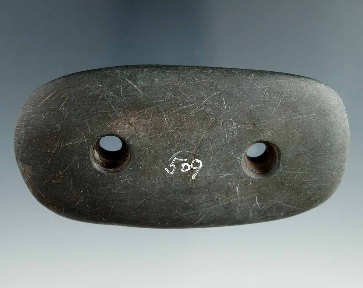 3 13/16" Glacial Kame Gorget made from Slate, found in Holmes Co., Ohio. Ex. Jim Fahrni Collection.