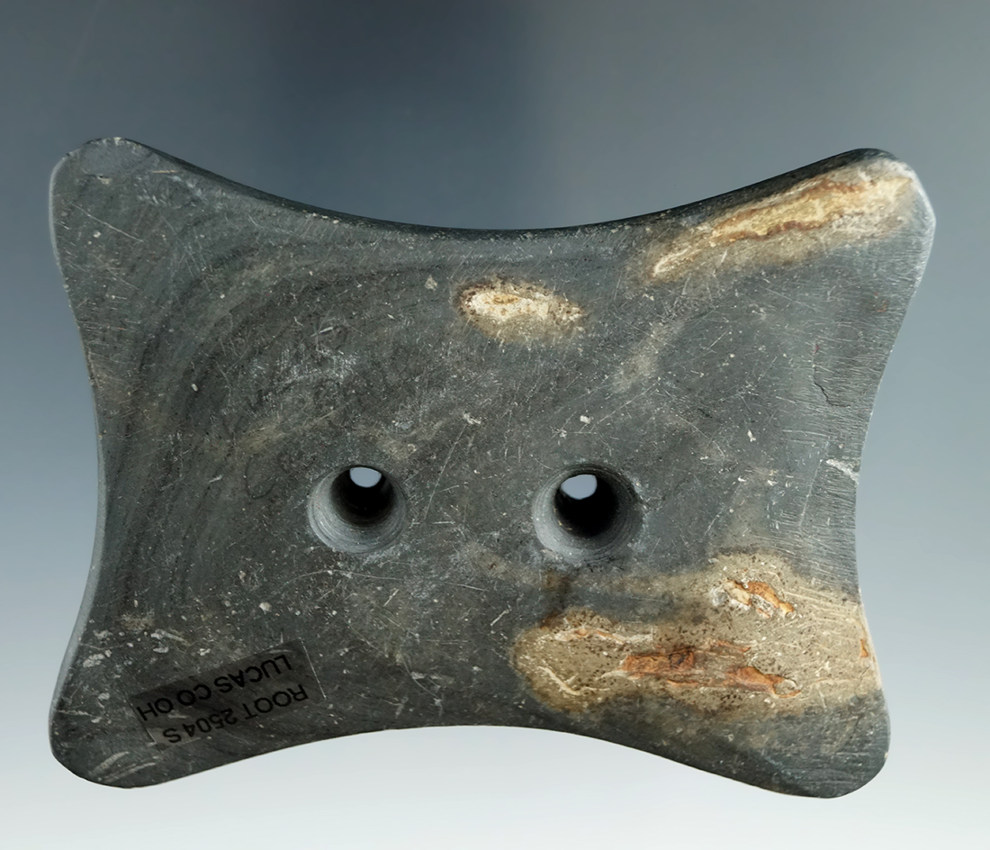 3 1/2" Adena Quadriconcave Gorget found in Lucas Co., Ohio. Ex. Jack Litchfield Collection.