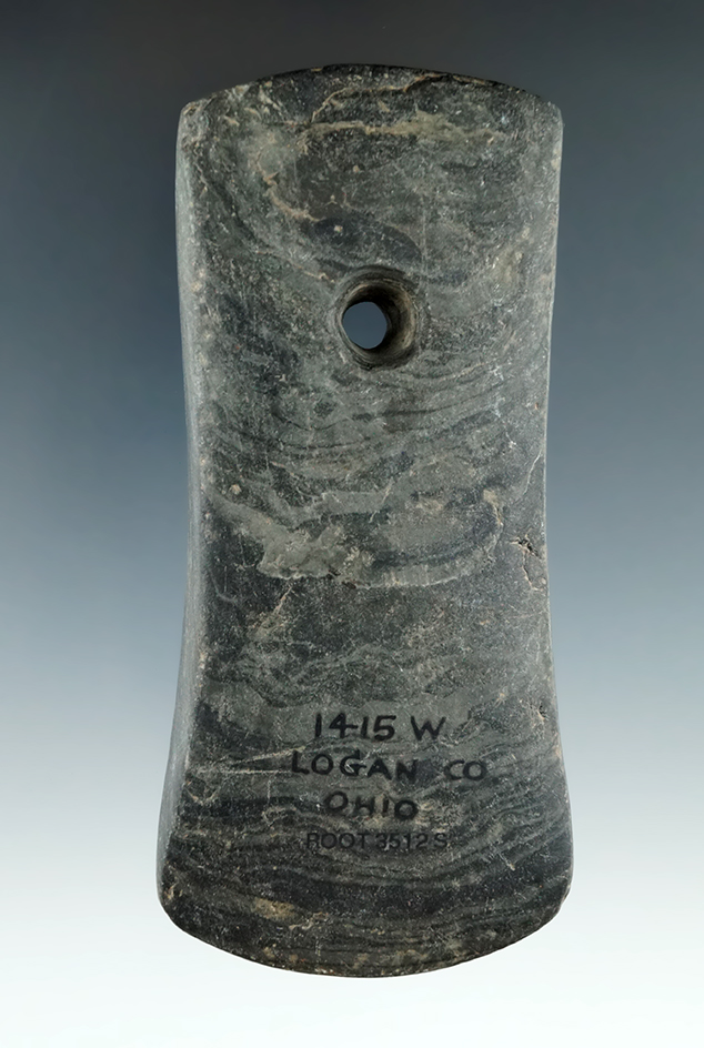 4 1/8" Adena Bi-Concave Pendant made from Slate, found in Logan Co., Ohio. Ex. August Wehrle