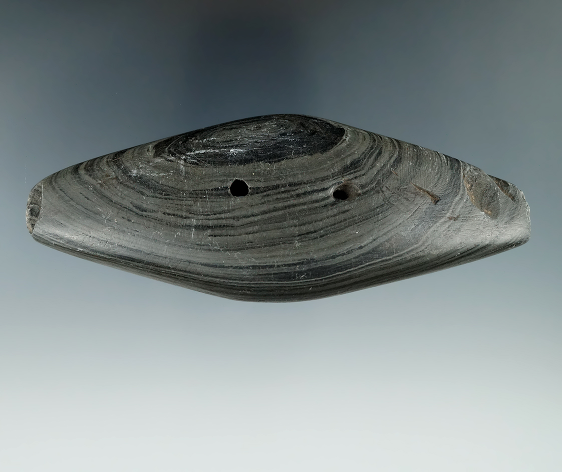 4 13/16" Hopewell Expanded Center Gorget made from Banded Slate. Found in Delaware Co., Ohio.