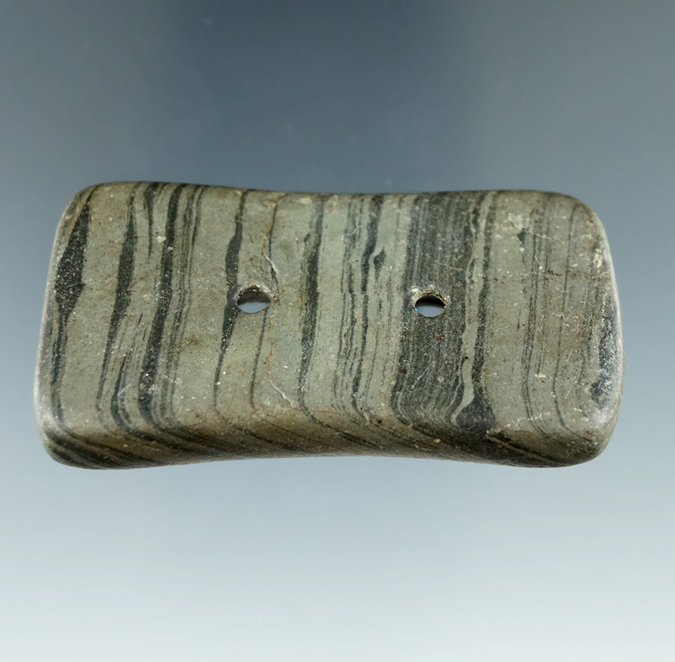 2 1/4" Miniature Adena Gorget made from Banded Slate, found in Ohio. Ex. Gilbert Dilley Collection.